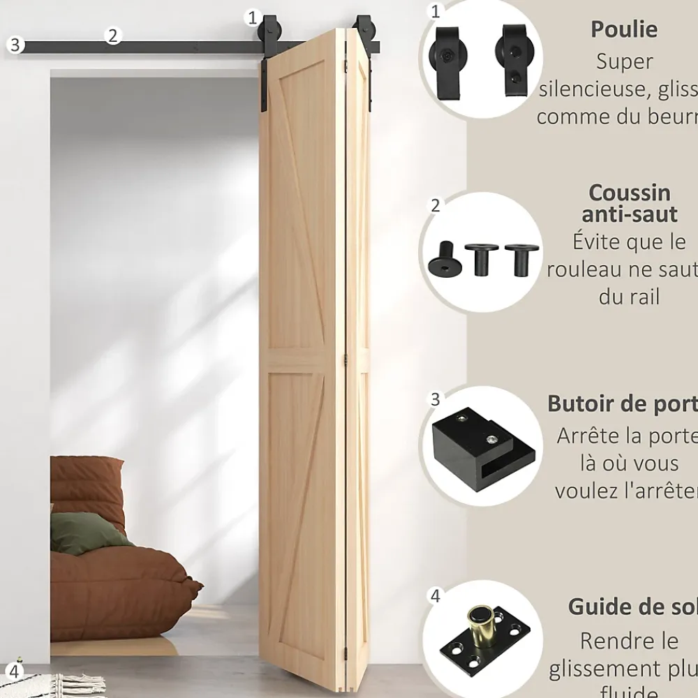 Homcom Porte Coulissante<Kit de porte coulissante compatibilité porte épaisseur 40-55 mm longueur rail 1,22 m charge max. 90 Kg acier au carbone noir