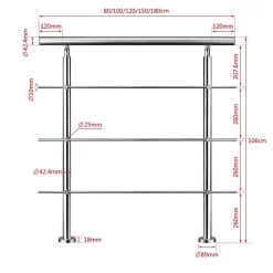 Saniland Kit garde corps en acier inoxydable a 3 traverses Longueur 120 cm Balustrade a fixation a plat pour terrasse ou escalier- Garde-Corps, Balustrade