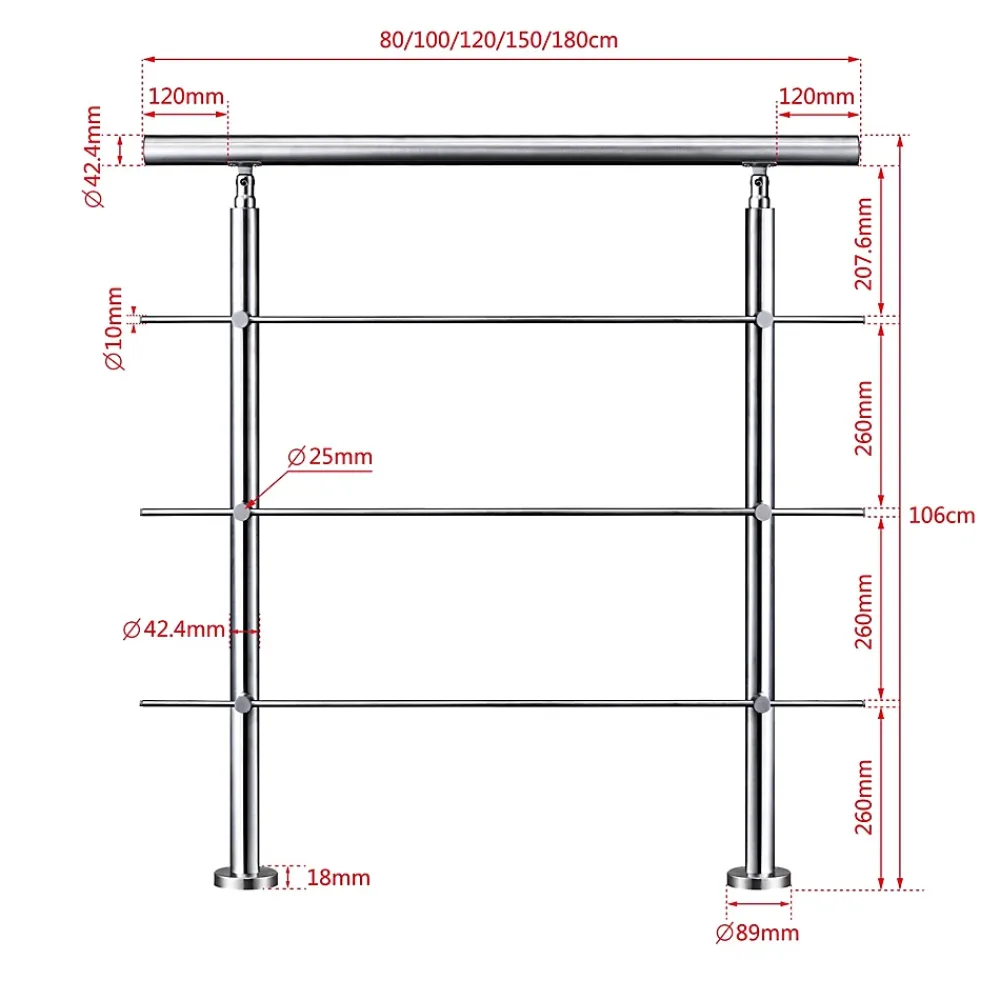 Saniland Kit garde corps en acier inoxydable a 3 traverses Longueur 120 cm Balustrade a fixation a plat pour terrasse ou escalier- Garde-Corps, Balustrade