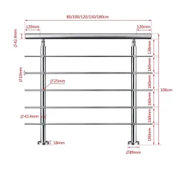 Saniland Kit garde corps en acier inoxydable a 5 traverses Longueur 100 cm Balustrade a fixation a plat pour terrasse ou escalier- Garde-Corps, Balustrade