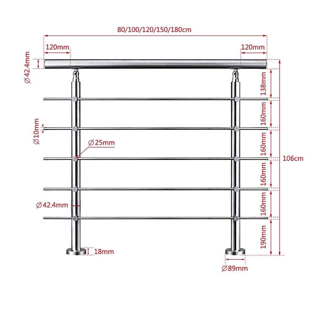 Saniland Kit garde corps en acier inoxydable a 5 traverses Longueur 100 cm Balustrade a fixation a plat pour terrasse ou escalier- Garde-Corps, Balustrade