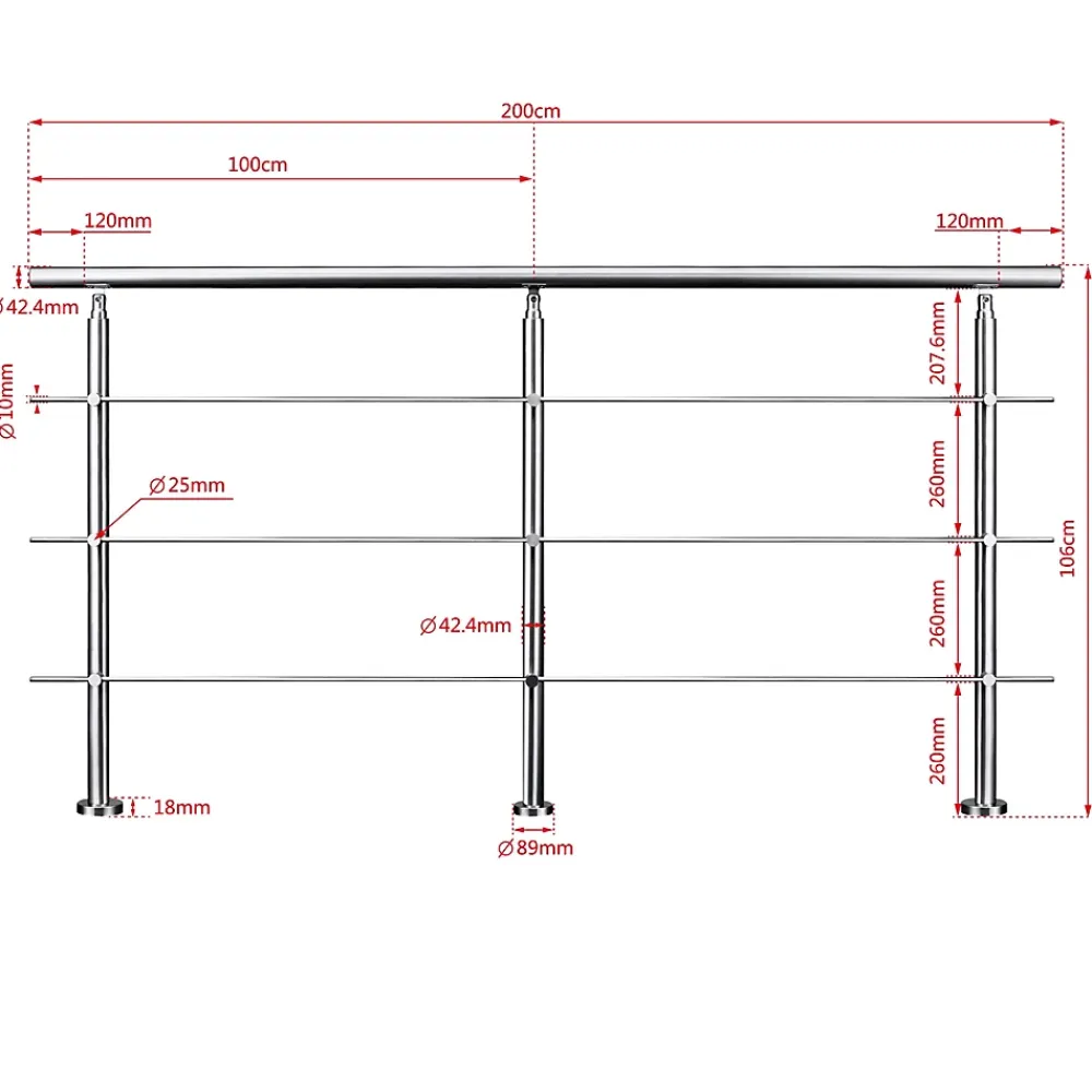 Saniland Garde-Corps, Balustrade<Kit garde corps en acier inoxydable a 3 traverses Longueur 200 cm Balustrade a fixation a plat pour terrasse ou escalier