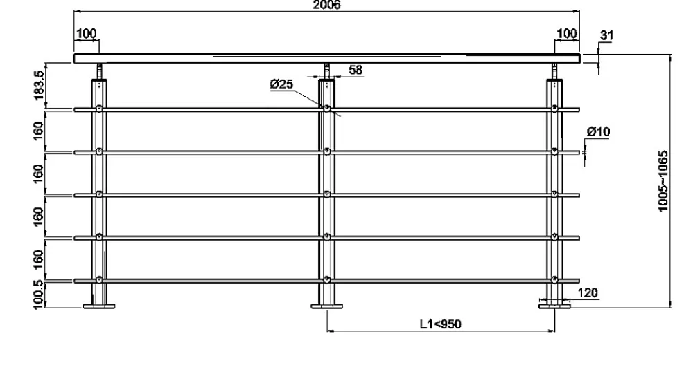 AICA Sanitaire Accessoire D'Escalier<Kit Garde-corps 5 barres 2m en alu noir - Pose verticale, pour escalier et terrasse, usage intérieur et extérieur