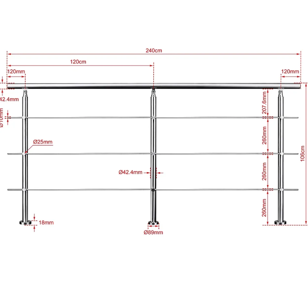 AICA Sanitaire Accessoire D'Escalier<Kit garde-corps 3 barres rondes 2.4 m Acier Inox 201 Argent - Installation verticale - Usage intérieur et extérieur