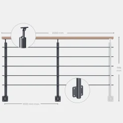 Kordo Kit garde-corps anthracite avec main courante hêtre 2m pose en applique, Opalu- Garde-Corps, Balustrade