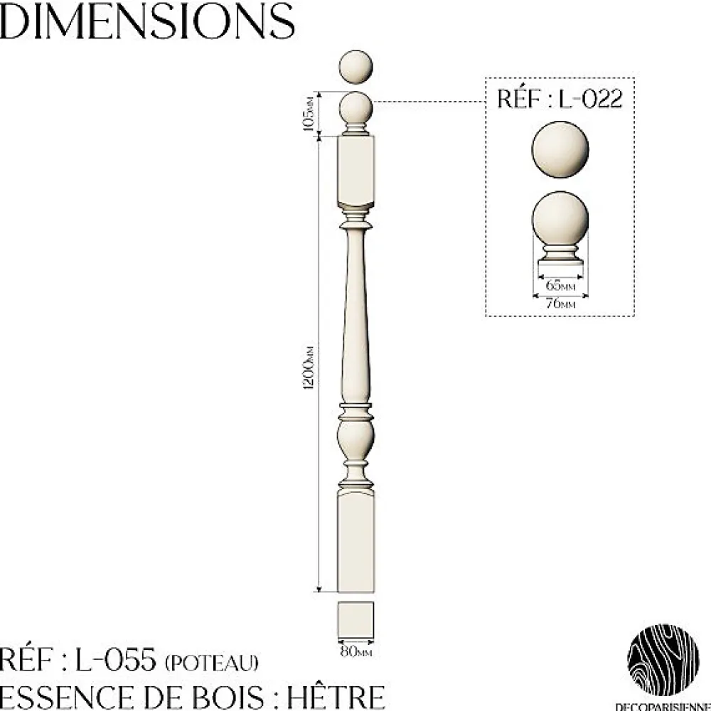Decoparisienne Garde-Corps, Balustrade<Kit garde-corps bois massif tourné - Longueur 1200mm