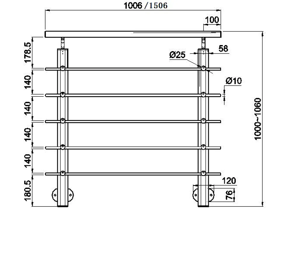 AICA Sanitaire Accessoire D'Escalier<Kit Garde-corps 1.5m alu noir avec 5 traverses et main courante - Pose suspendue et latérale - Intérieur et extérieur