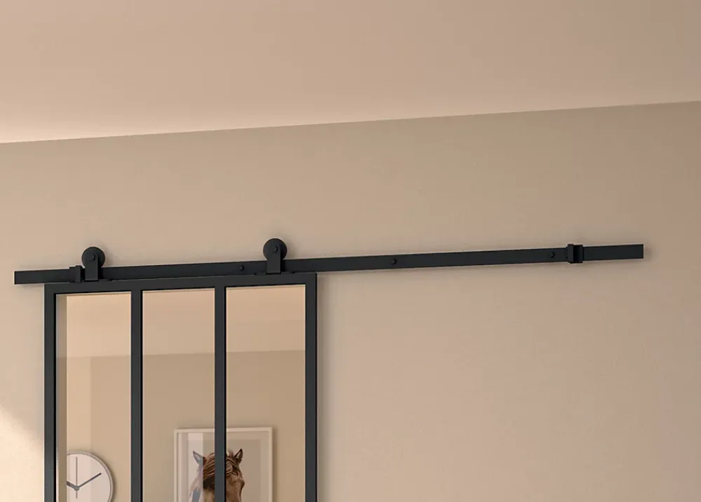 Optimum Kit porte coulissante 730 cadre en aluminium noir et rail noir H 204 x 73 x 4cm- Porte Coulissante