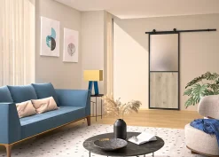 Optimum Kit porte Coulissante en applique Atelier noir chêne terra cadre en aluminium et verre dépoli Blanc H. 204 X 93 X 3,6 Cm- Porte Coulissante