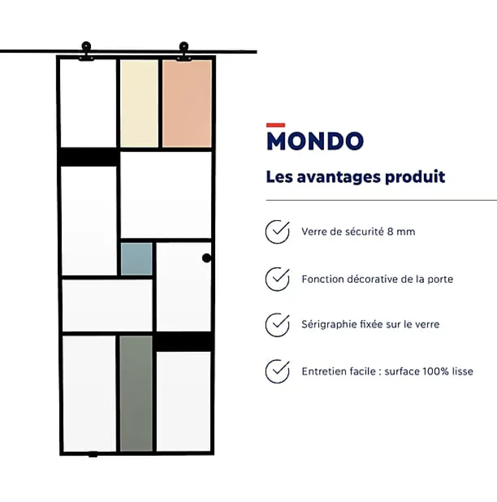 Aurys Porte Coulissante<KIT Porte coulissante en verre + Rail à pince Noir Coffrage - MONDO CLAIRE - H. 204 x L. 93 cm - Fabrication Française