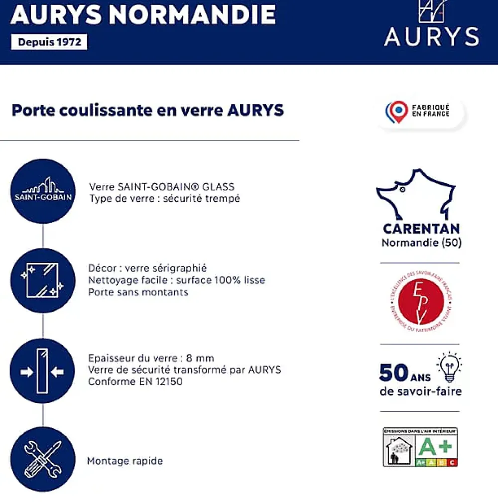 Aurys Porte Coulissante<KIT Porte coulissante en verre + Rail à pince Noir Coffrage - MONDO CLAIRE - H. 204 x L. 93 cm - Fabrication Française