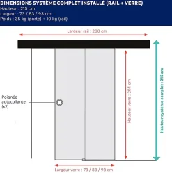 Aurys Porte Coulissante<KIT Porte coulissante en verre + Rail Coulissant Noir Coffrage - MONDO CLAIRE - H. 204 x L. 83 - Fabrication Française