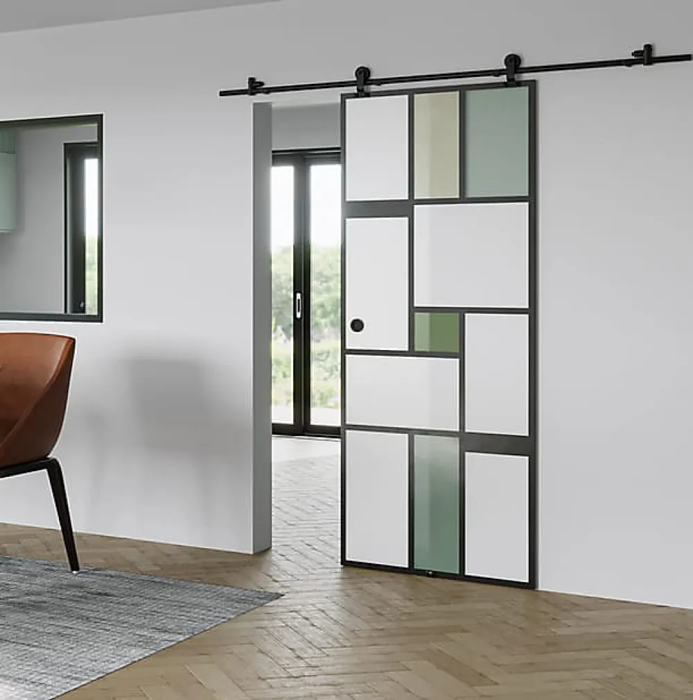 Aurys KIT Porte coulissante en verre + Rail coulissant apparent - MONDO OPAQUE VERTE - H. 204 x L. 93 - Fabrication Française NORM- Porte Coulissante