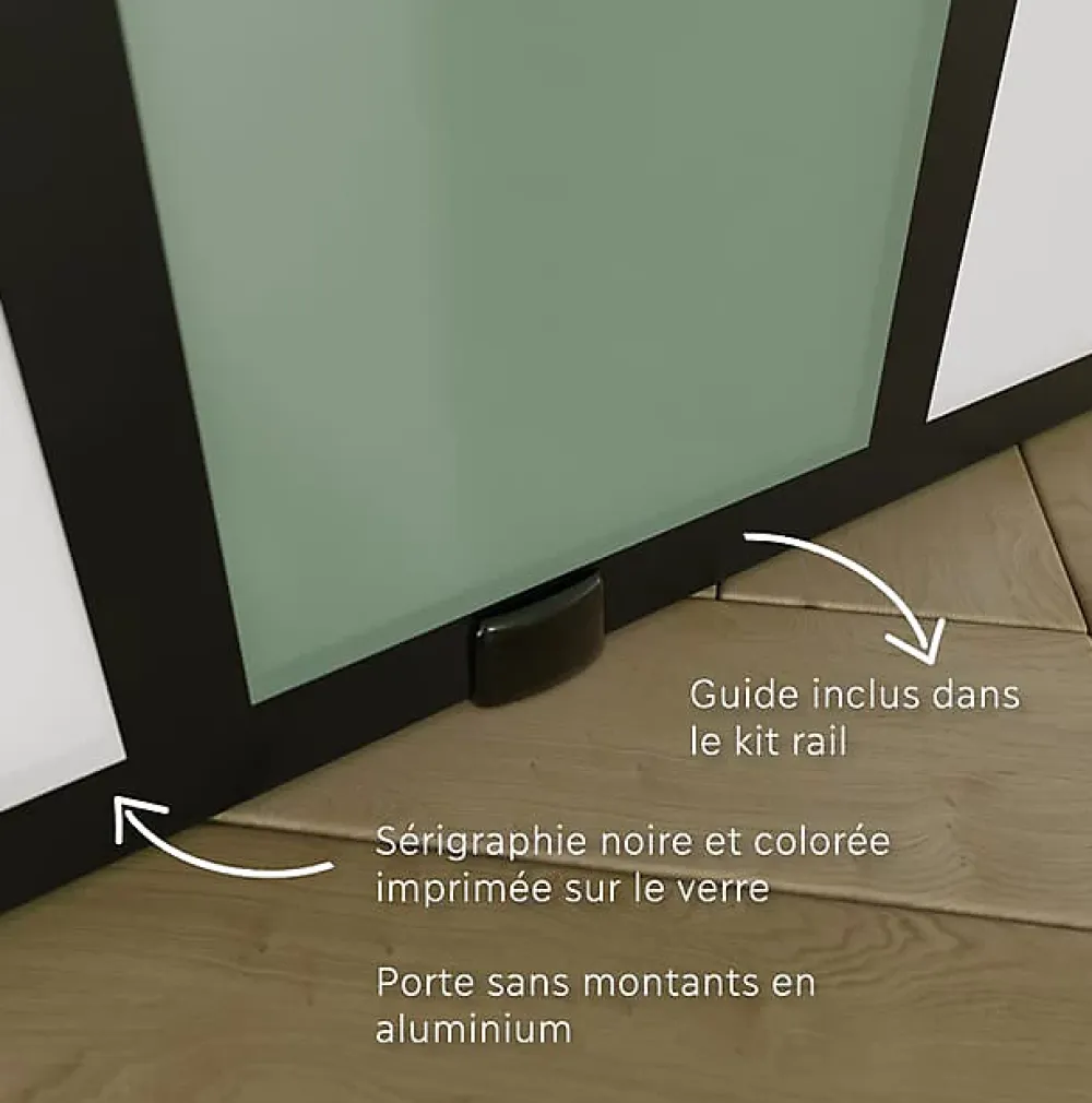 Aurys KIT Porte coulissante en verre + Rail coulissant apparent - MONDO OPAQUE VERTE - H. 204 x L. 93 - Fabrication Française NORM- Porte Coulissante