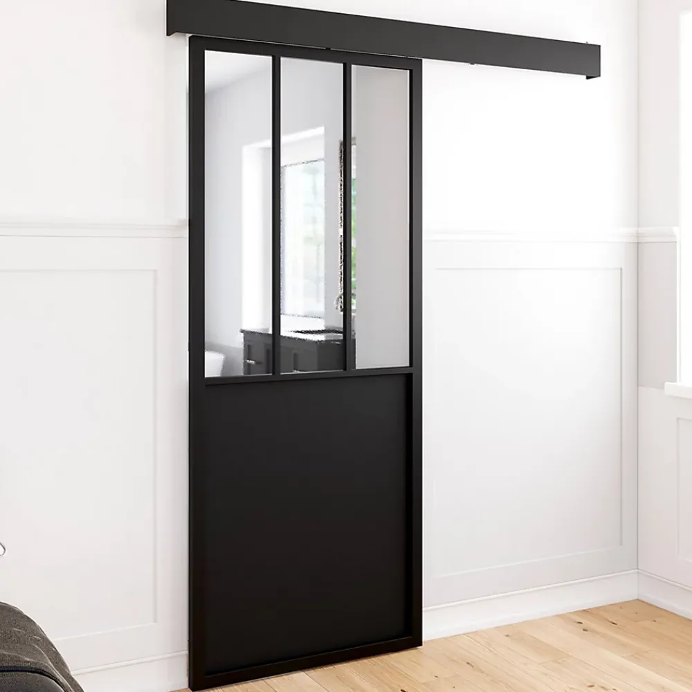 IDMarket Porte Coulissante<Kit porte coulissante verrière 83 cm en métal + MDF avec rail et fixations