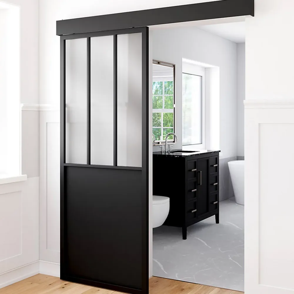 IDMarket Porte Coulissante<Kit porte coulissante verrière 83 cm en métal + MDF avec rail et fixations