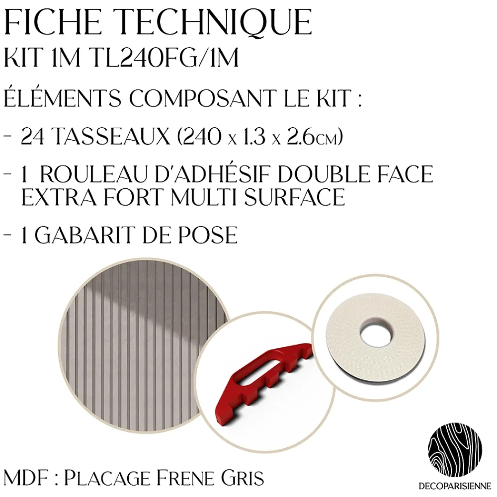 Decoparisienne Kit tasseaux adhésif frêne gris - Gabarit de pose offert - Surface de 2,4 M2 - Panneau tasseau sur-mesure- Panneau Tasseau Bois
