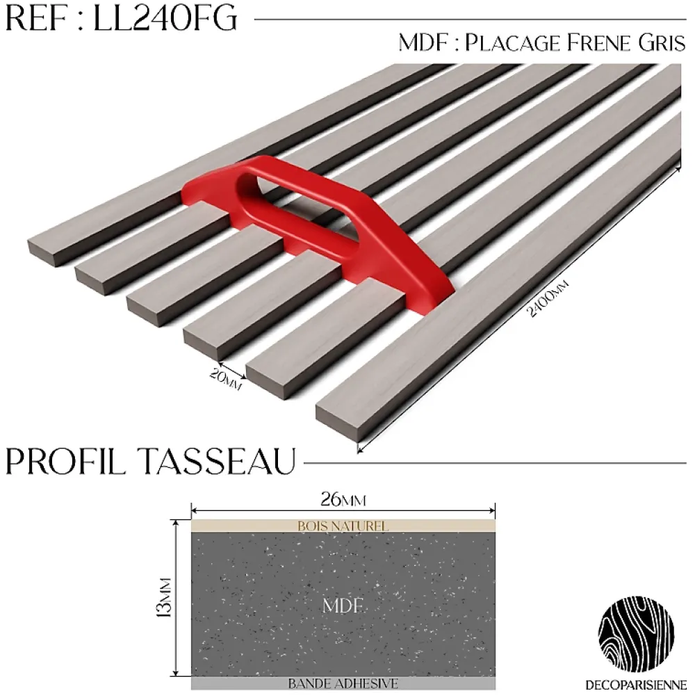 Decoparisienne Kit tasseaux adhésif frêne gris - Gabarit de pose offert - Surface de 1,2 M2 - Panneau tasseau sur-mesure- Panneau Tasseau Bois