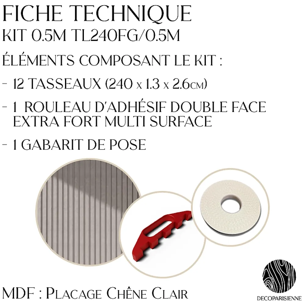 Decoparisienne Kit tasseaux adhésif frêne gris - Gabarit de pose offert - Surface de 1,2 M2 - Panneau tasseau sur-mesure- Panneau Tasseau Bois