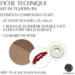 Decoparisienne Kit tasseaux adhésif noyer naturel - Gabarit de pose offert - Surface de 2,4 M2 - Panneau tasseau sur-mesure- Panneau Tasseau Bois