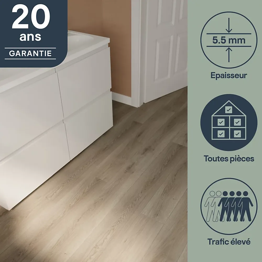 GoodHome Lame PVC clipsable Mambo plus 18x122 cm décor bois gris brun avec sous-couche intégrée (vendue au carton)- Dalle Et Lame Pvc