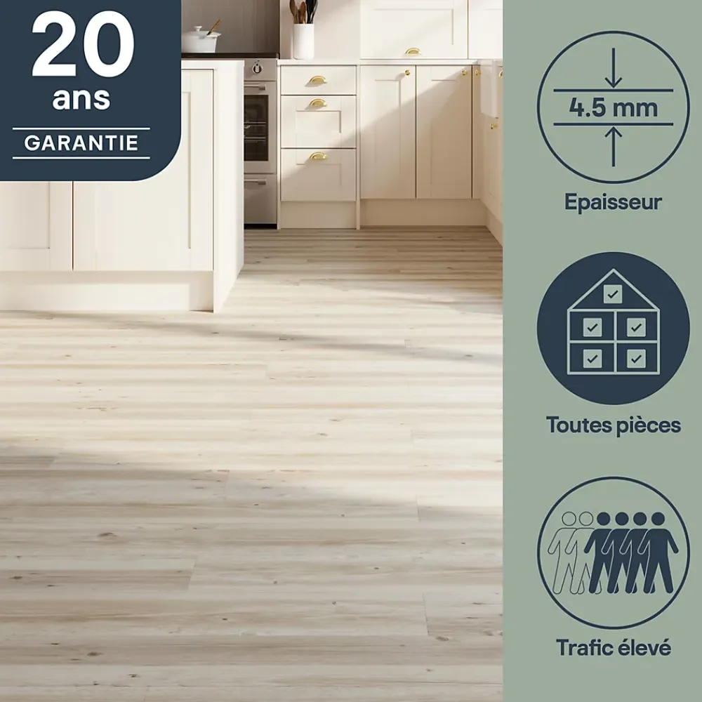 GoodHome Dalle Et Lame Pvc<Lame PVC clipsable Mambo 124x19 cm décor bois blanc rustique (vendue au carton)