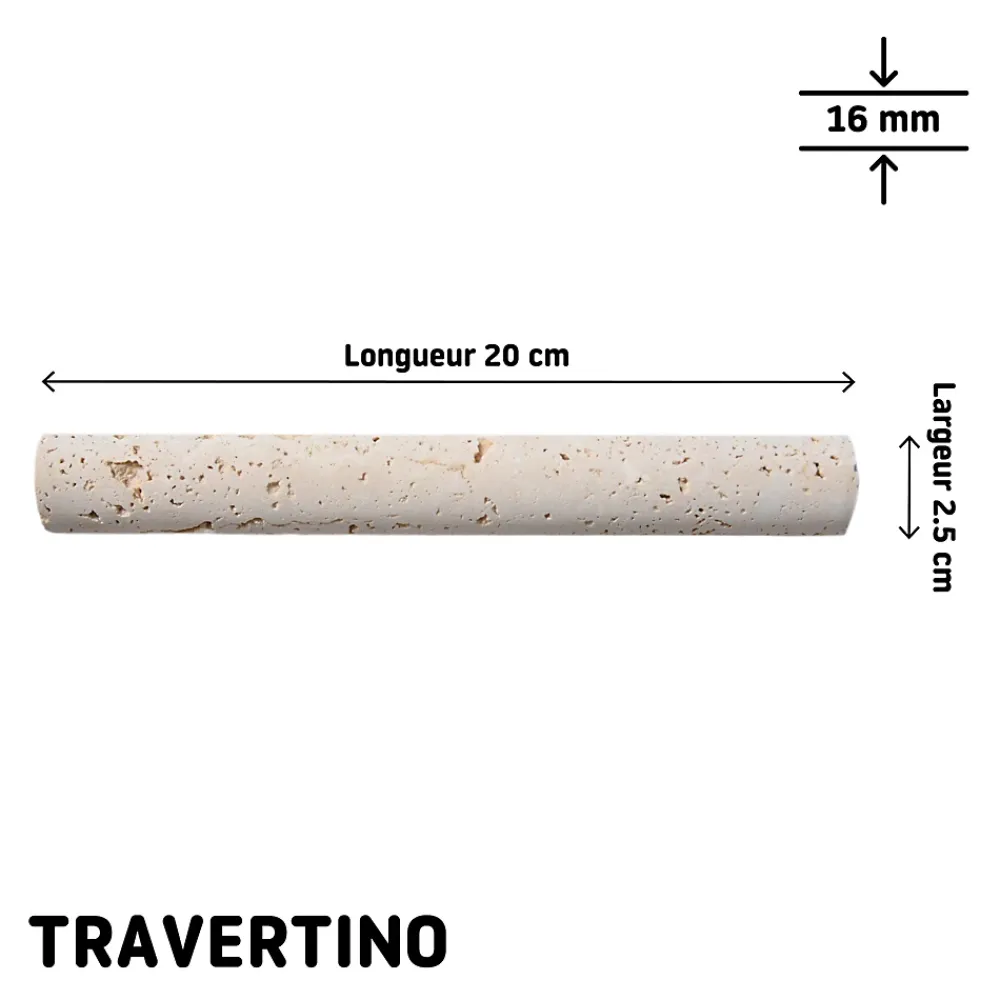 Listel mural en travertin forme cigare L.20 x l.2,5 cm x ép.6 mm, Travertino- Travertin|Listel Carrelage