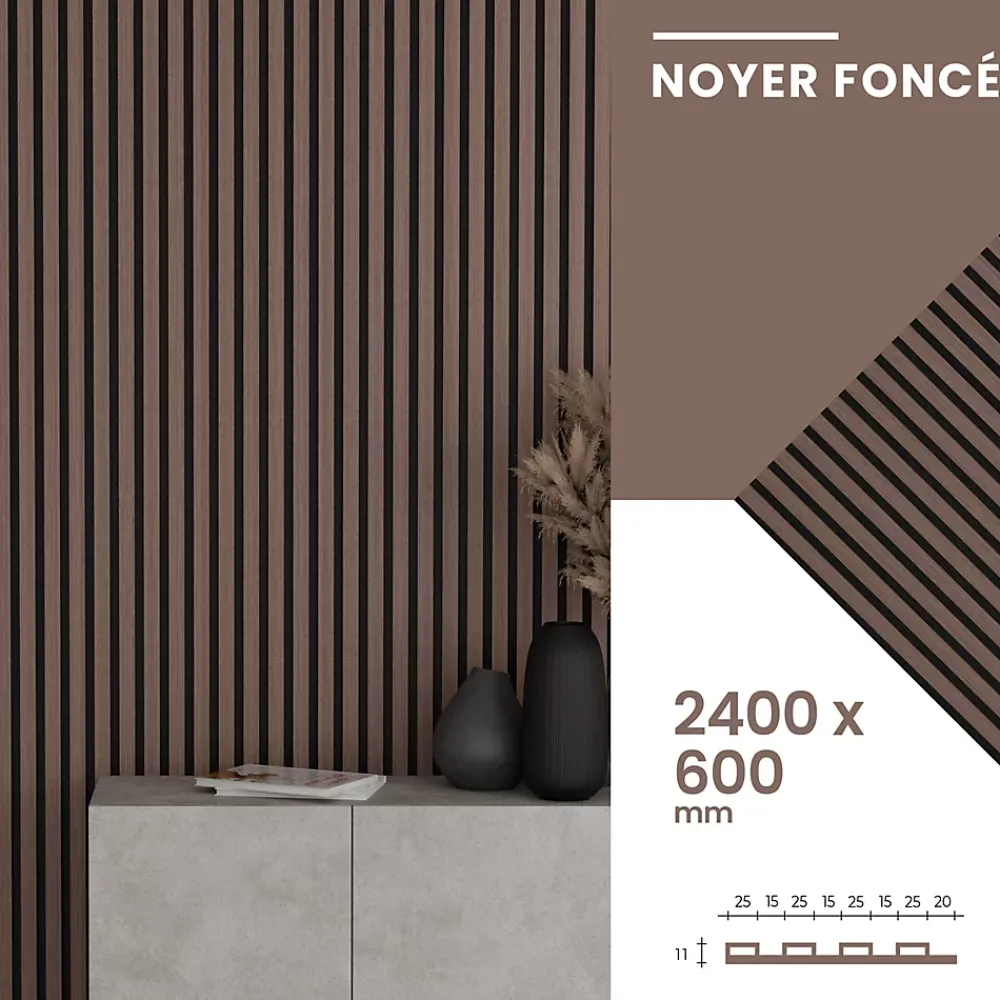 Mpdiscount Lot 4 pièces - Panneau Acoustique - Noyer Foncé - Feutrine Noir - 240x60x1.1cm- Panneau Décoratif En Bois
