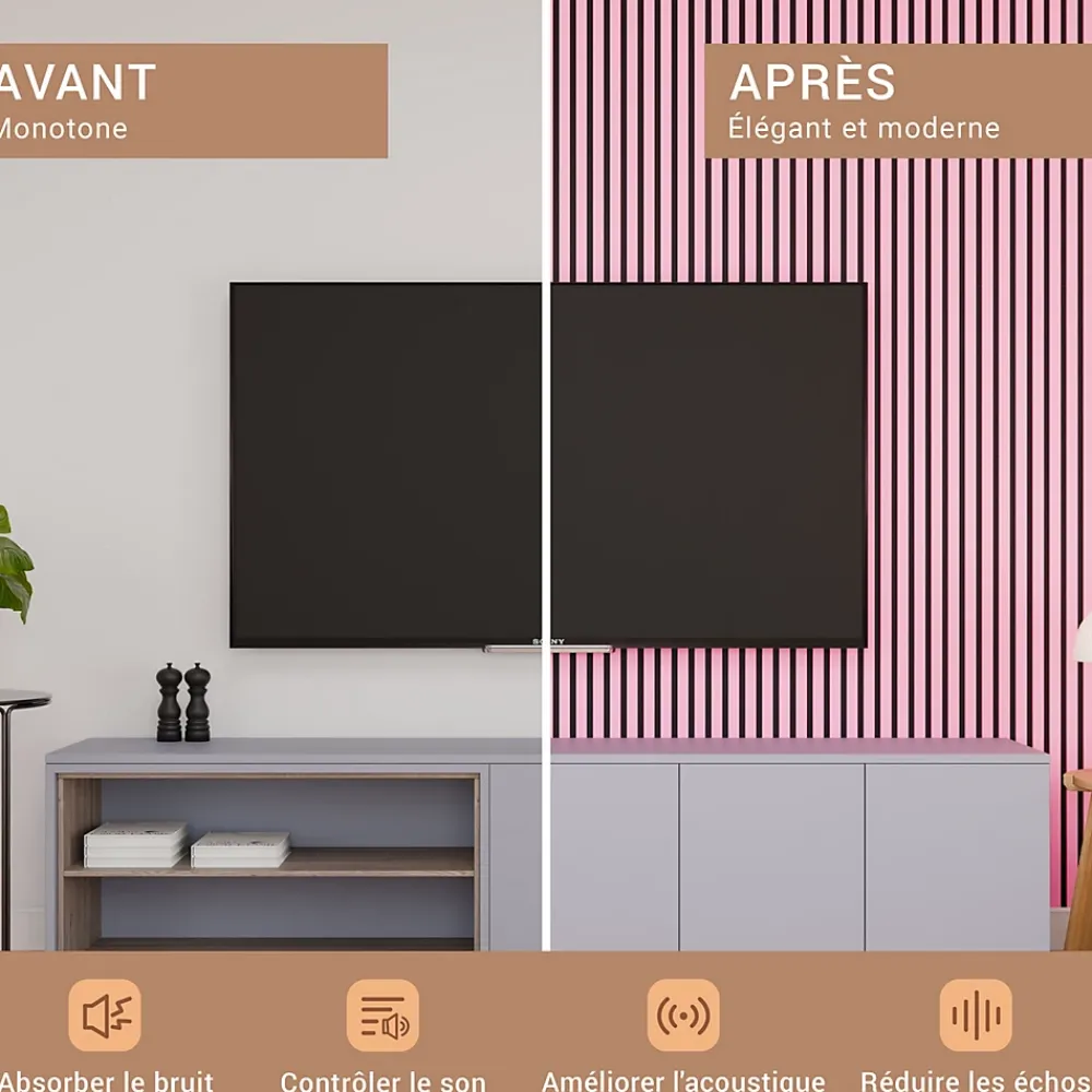 Mpdiscount Panneau Décoratif En Bois<Lot 4 pièces - Panneau Acoustique - Rose - Feutrine Noir - 240x60x1.1cm