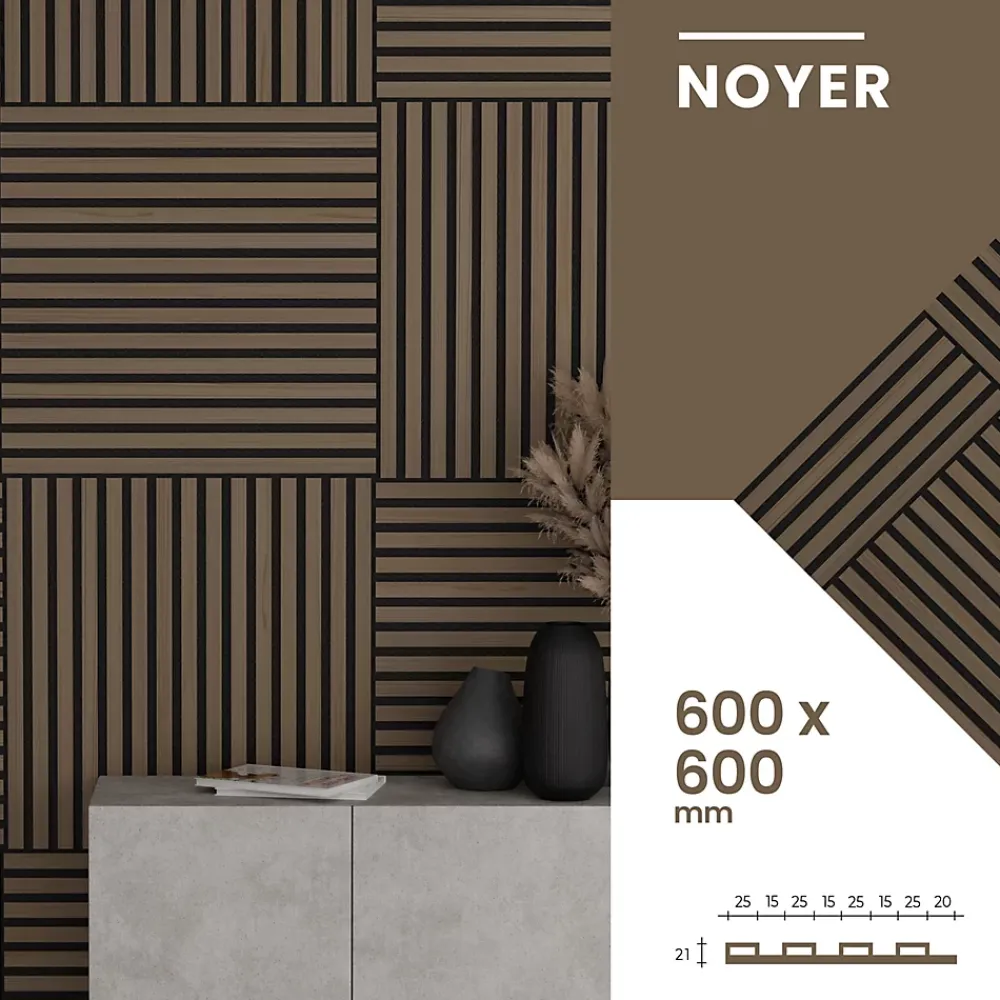 Perform Panel Lot 4 pièces, Panneau Acoustique, Noyer, Feutrine Noir, 60x60cm- Panneau Tasseau Bois