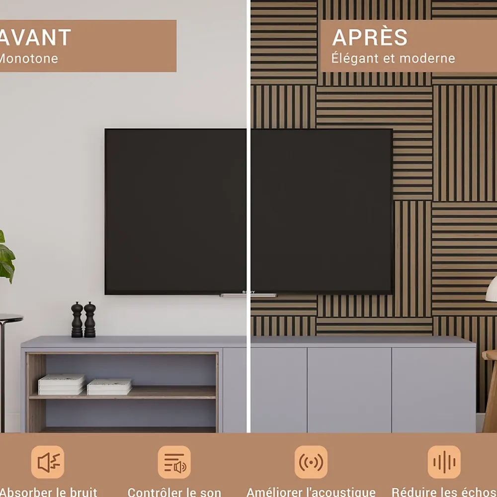 Perform Panel Lot 4 pièces, Panneau Acoustique, Noyer, Feutrine Noir, 60x60cm- Panneau Tasseau Bois