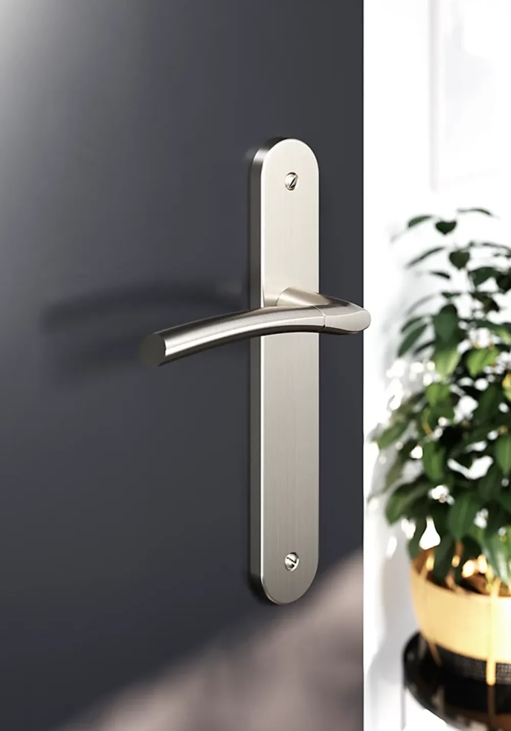Poignée De Porte<Lot 3 poignées sur plaque GoodHome Hirel effet nickel satin gris L.128mm x l.40mm entraxe 195mm