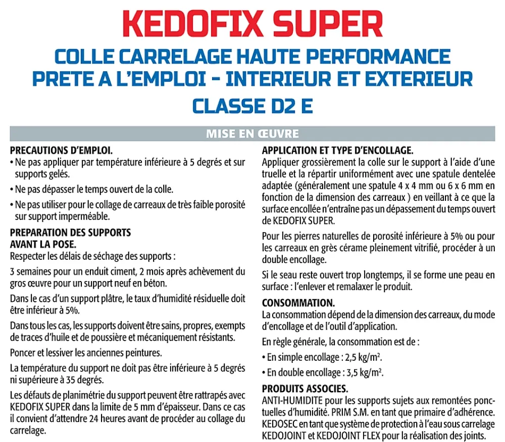 Semin Colle Carrelage Sol<Lot de 2 colles pour Carrelage Haute Performance Kedofix , Prêt à l'emploi, Intérieur/extérieur, seau de 5 kg