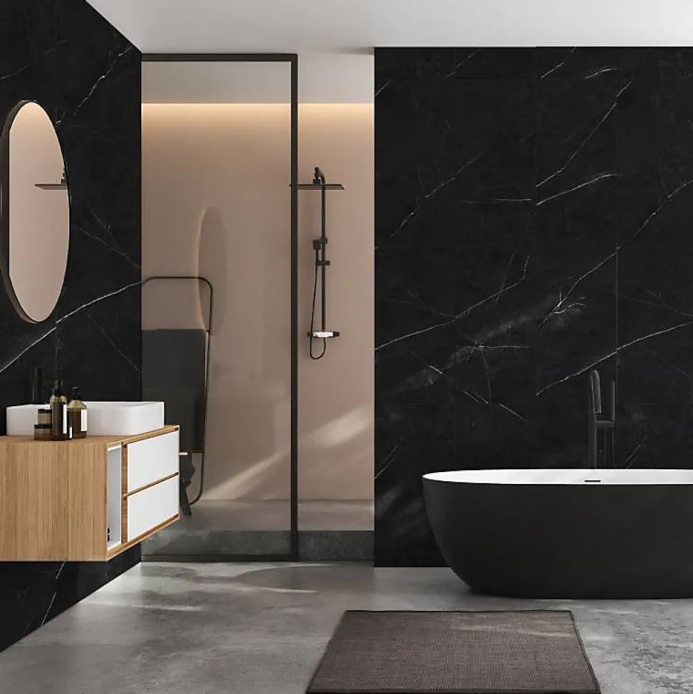 Decoon Lot de 8 Dalles Murales Douche SPC/PVC Décor Marbre Noir satiné - 38,9x77,8cm - 2,42M²- Panneau Mural De Salle De Bains