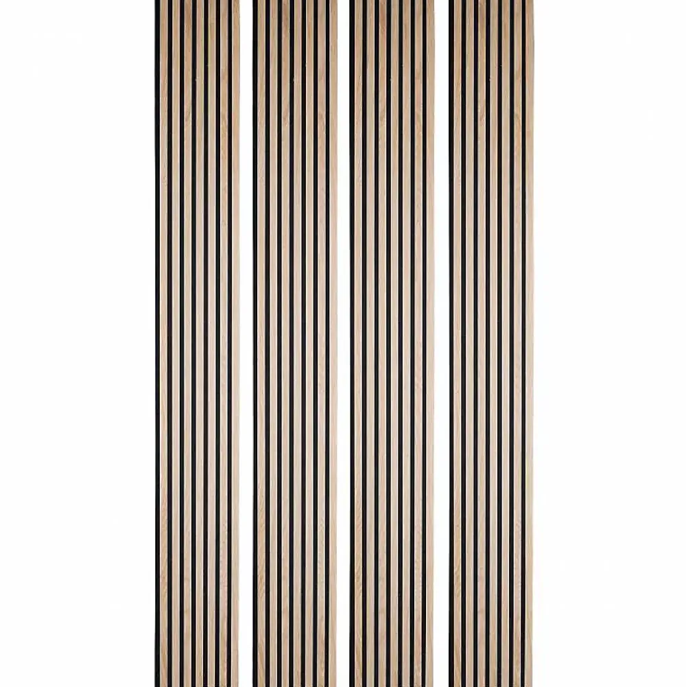 Decoon Lot de 4 panneaux acoustiques tasseaux bois 250 x 30 x 1,9 cm - Lamelles bois placage chêne clair véritable fond noir - 3m²- Panneau Tasseau Bois