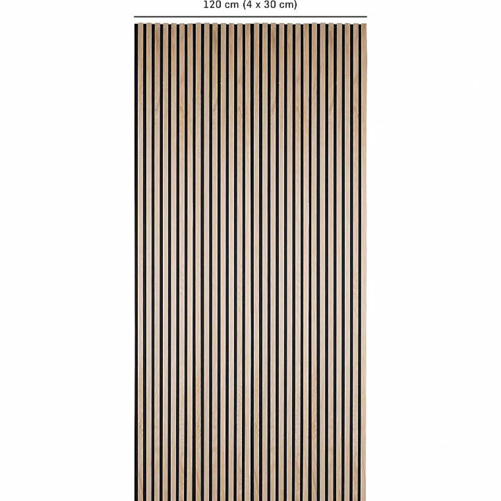 Decoon Lot de 4 panneaux acoustiques tasseaux bois 250 x 30 x 1,9 cm - Lamelles bois placage chêne clair véritable fond noir - 3m²- Panneau Tasseau Bois
