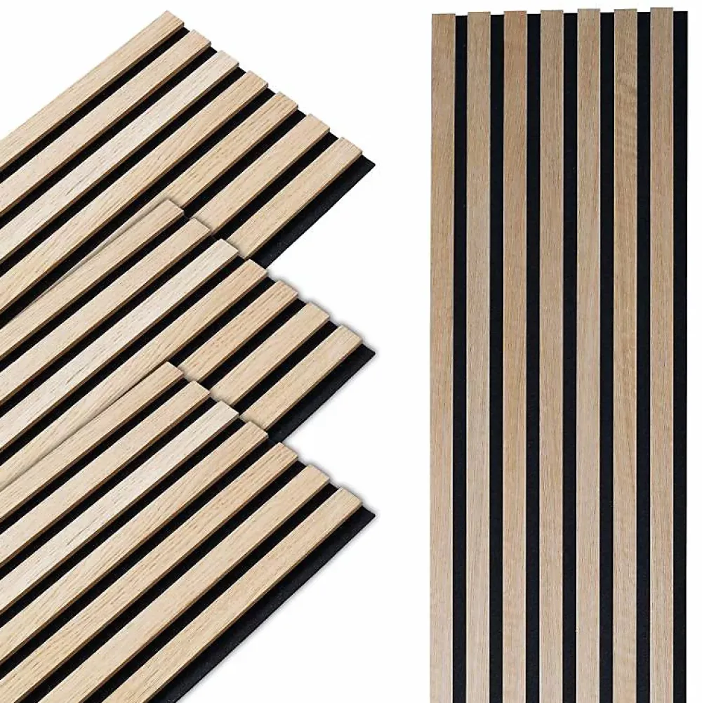 Decoon Lot de 4 panneaux acoustiques tasseaux bois 250 x 30 x 1,9 cm - Lamelles bois placage chêne clair véritable fond noir - 3m²- Panneau Tasseau Bois
