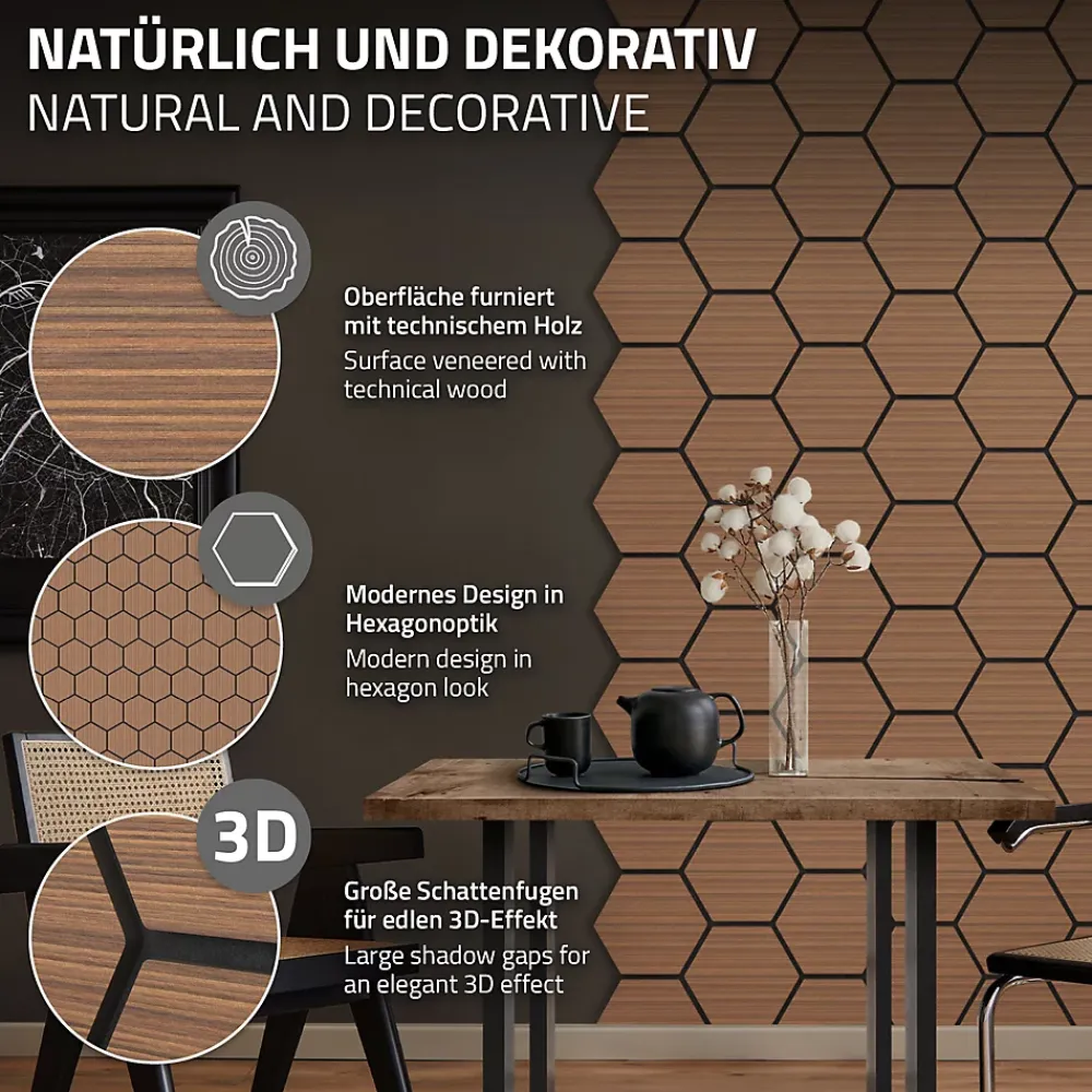 Ml-Design Panneau Tasseau Bois<Lot de 2 panneaux acoustiques hexagonaux 66x81 cm 1m² isolation phonique teck