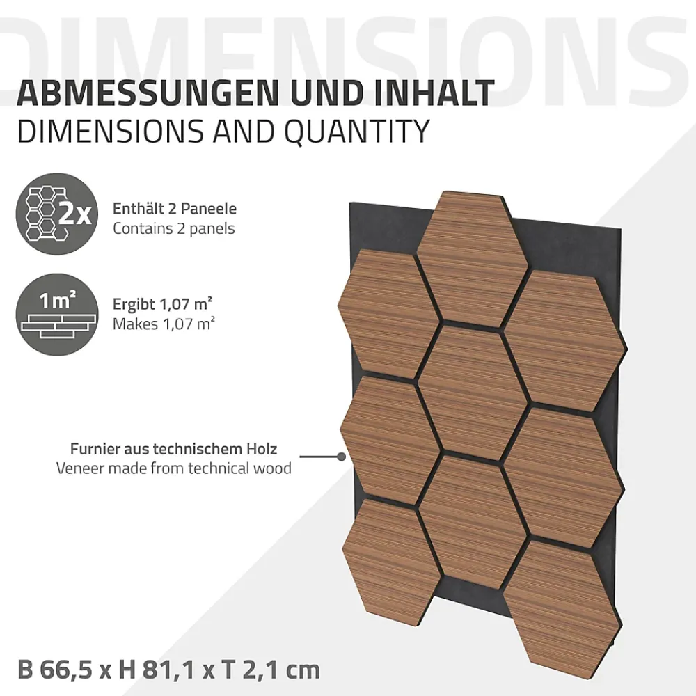 Ml-Design Panneau Tasseau Bois<Lot de 2 panneaux acoustiques hexagonaux 66x81 cm 1m² isolation phonique teck