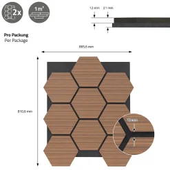 Ml-Design Panneau Tasseau Bois<Lot de 2 panneaux acoustiques hexagonaux 66x81 cm 1m² isolation phonique teck