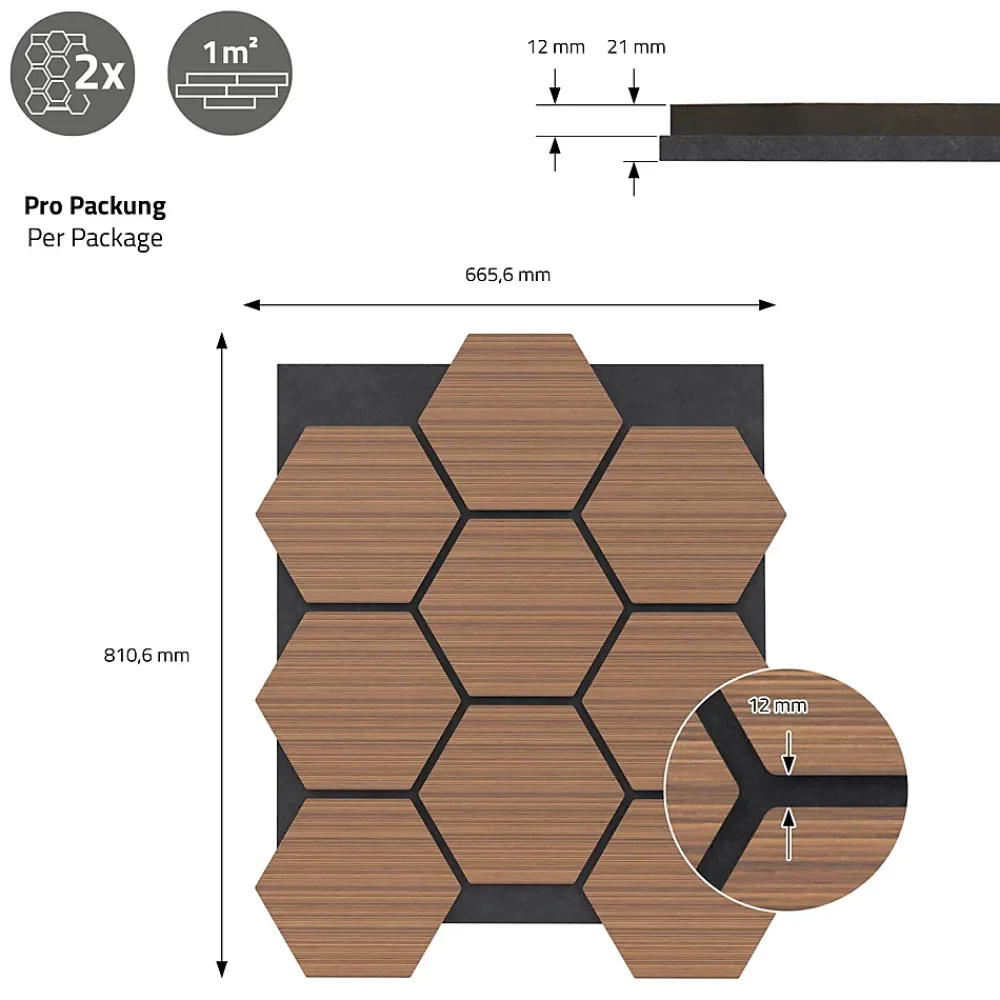 Ml-Design Panneau Tasseau Bois<Lot de 2 panneaux acoustiques hexagonaux 66x81 cm 1m² isolation phonique teck
