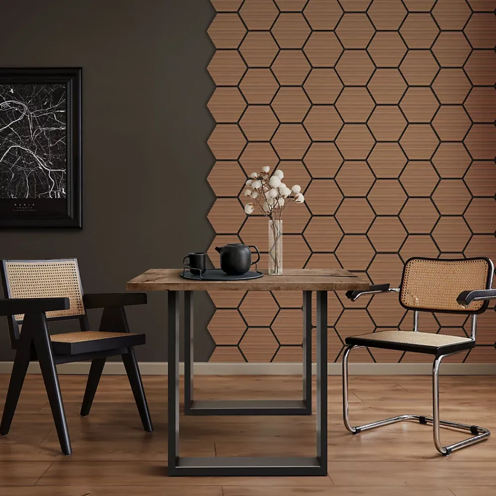 Ml-Design Panneau Tasseau Bois<Lot de 2 panneaux acoustiques hexagonaux 66x81 cm 1m² isolation phonique teck