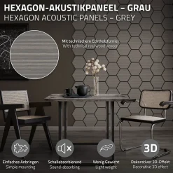 Ml-Design Lot de 2 panneaux acoustiques hexagonaux 66x81 cm 1m² isolation phonique gris- Panneau Tasseau Bois
