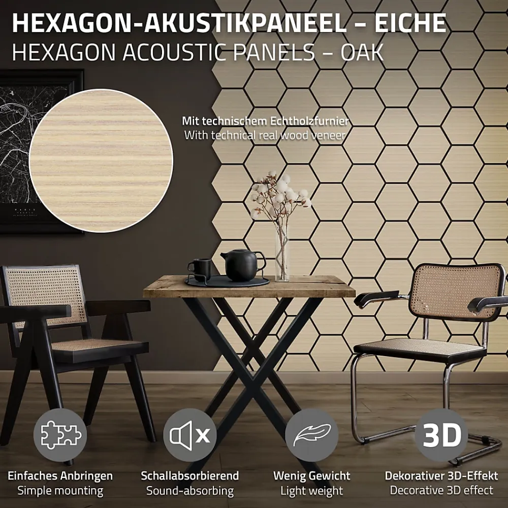 Ml-Design Panneau Tasseau Bois<Lot de 2 panneaux acoustiques hexagonaux 66x81 cm 1m² isolation phonique chêne