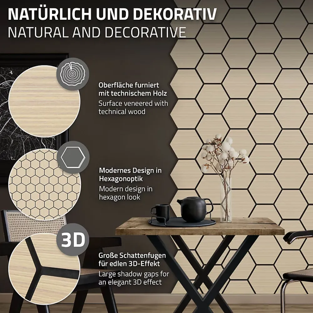 Ml-Design Panneau Tasseau Bois<Lot de 2 panneaux acoustiques hexagonaux 66x81 cm 1m² isolation phonique chêne