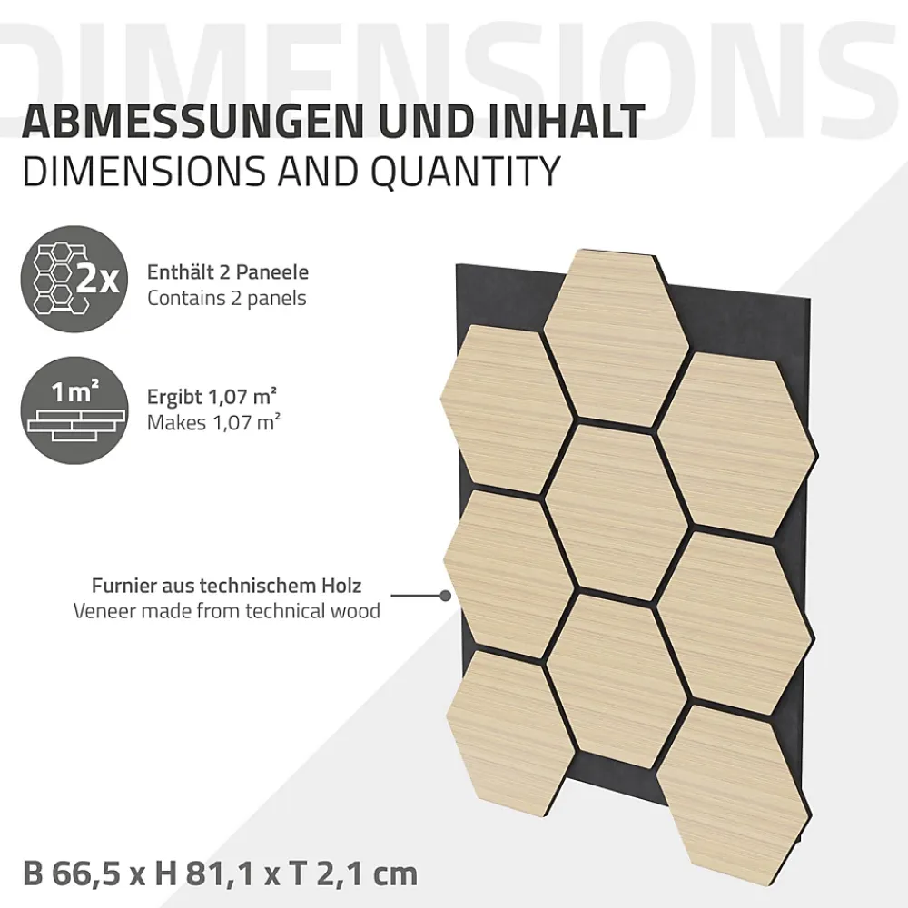 Ml-Design Panneau Tasseau Bois<Lot de 2 panneaux acoustiques hexagonaux 66x81 cm 1m² isolation phonique chêne