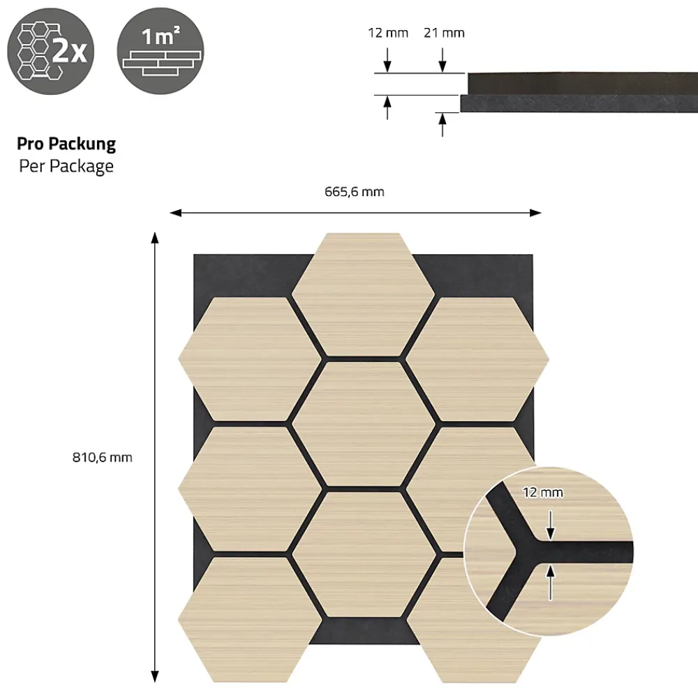 Ml-Design Panneau Tasseau Bois<Lot de 2 panneaux acoustiques hexagonaux 66x81 cm 1m² isolation phonique chêne