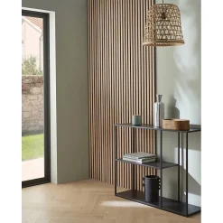 Decoon Lot de 2 panneaux acoustiques bois 250 x 30 x 1,9 cm - Lamelles bois placage chêne clair véritable fond noir - 1,5m²- Panneau Tasseau Bois