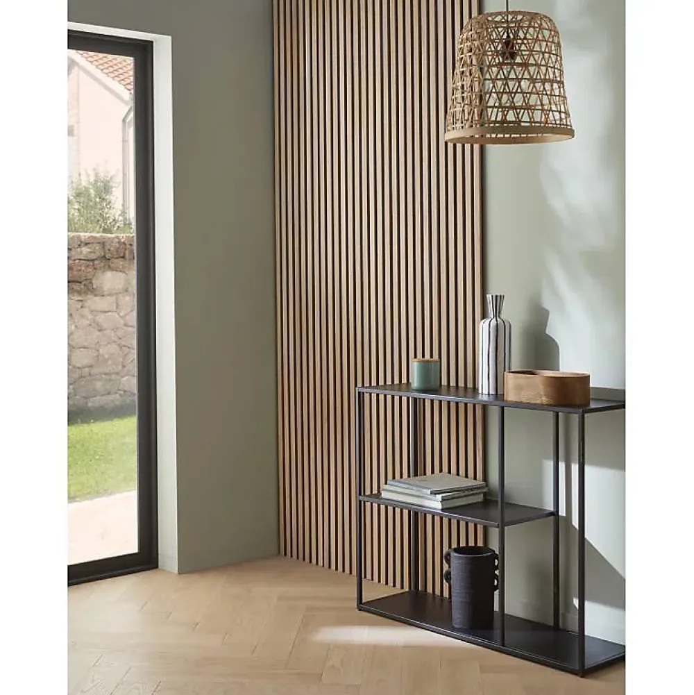 Decoon Lot de 2 panneaux acoustiques bois 250 x 30 x 1,9 cm - Lamelles bois placage chêne clair véritable fond noir - 1,5m²- Panneau Tasseau Bois