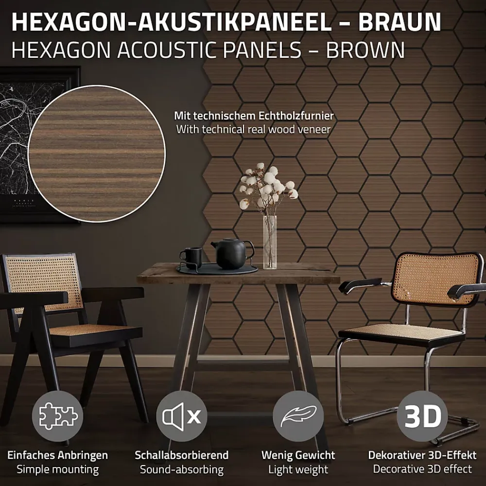 Ml-Design Panneau Tasseau Bois<Lot de 2 panneaux acoustiques hexagonaux 66x81 cm 1m² isolation phonique marron